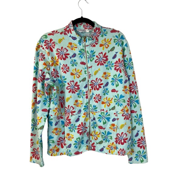 Fresh Produce Floral Sky Blue Zip Crew Neck Sweater Women's Large – Small Flaw - Picture 1 of 6